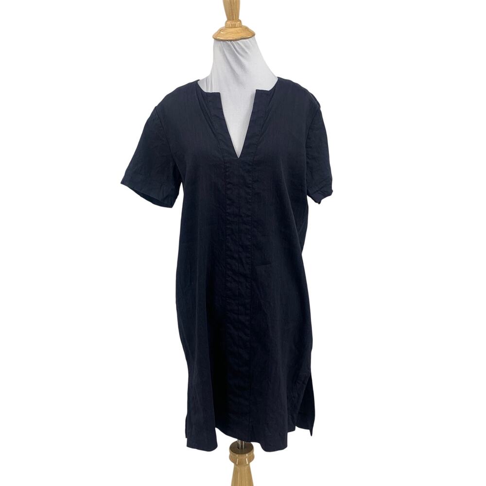 Theory Dress Womens S Small Indigo Linen Blend Notch Neck Caliver Stretch Shift